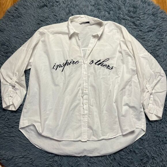 Zara Oversized White Cotton Inspire Others Button Down Shirt Size L - Picture 1 of 6